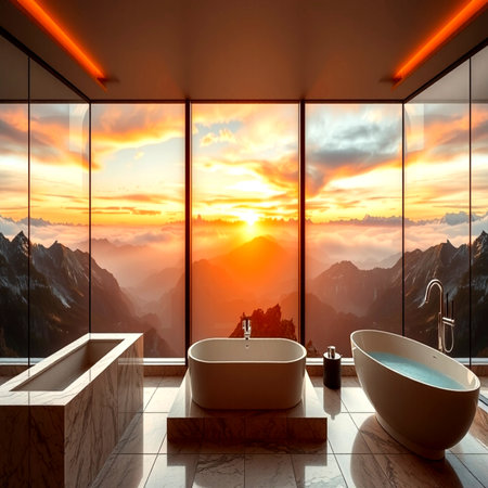 Bathroom interior with panoramic view of the mountains. 3D Renderingの写真素材