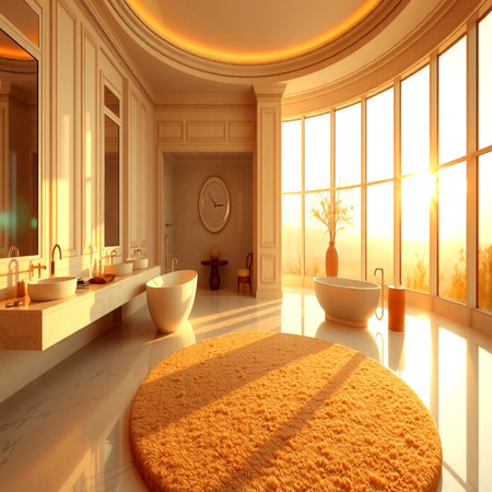 3d render of bathroom with bathtub and panoramic windowの写真素材