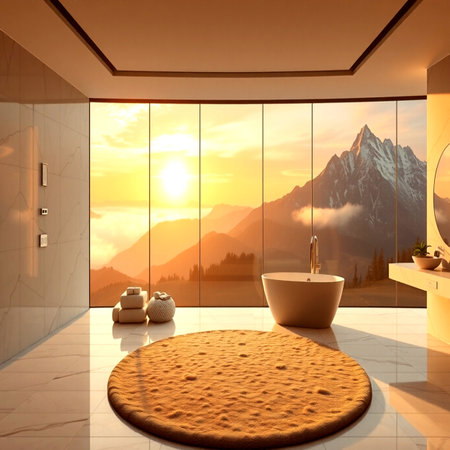 3d render of modern bathroom with panoramic view over mountainsの写真素材