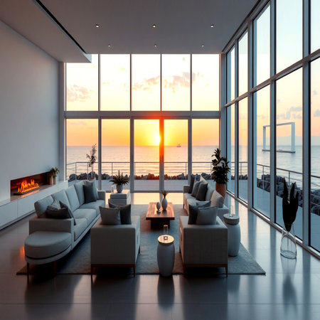 Sunset in the living room with the sea view. 3d renderingの写真素材