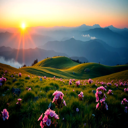 Beautiful sunrise over the alpine meadow with blooming pink flowersの写真素材