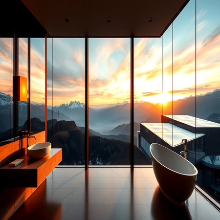 Bathroom interior with panoramic view of mountains and sunset. 3D Renderingの写真素材