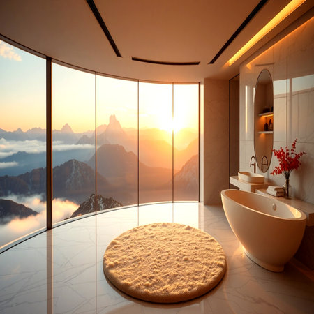 Bathroom interior with panoramic window overlooking the mountains. 3D Renderingの写真素材