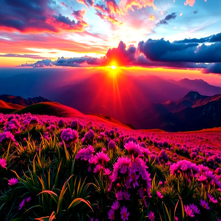 Colorful sunrise over alpine meadow with flowers. Fantastic summer landscape.の写真素材