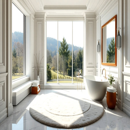 Bathroom interior with large window, carpet and bathtub. 3d renderの写真素材