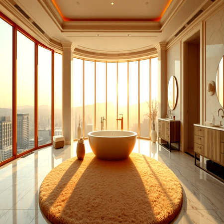Bathroom with a large window overlooking the city. 3D renderingの写真素材