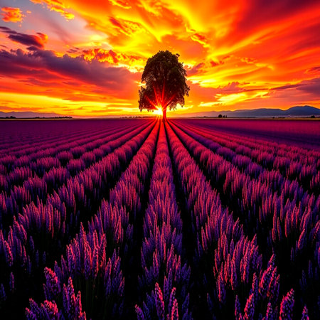 Sunset over lavender field in Valensole, Provence, Franceの写真素材