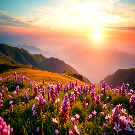 Colorful summer sunrise in the mountains. Beautiful landscape with blooming flowers.の写真素材