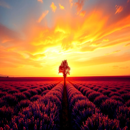Lavender field with lonely tree at sunset. Beautiful landscape.の写真素材