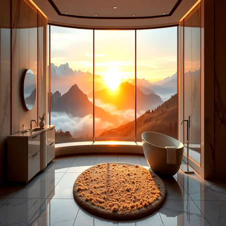 Bathroom with panoramic window overlooking the mountains at sunriseの写真素材
