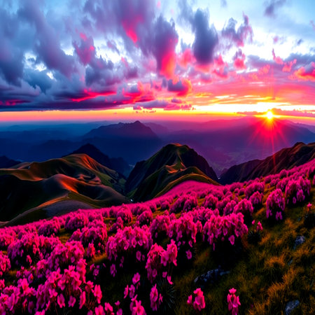 Rhododendron flowers on the top of the mountain at sunsetの写真素材