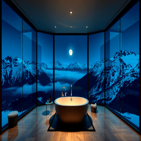 Bathroom with panoramic view on the mountains and the moonの写真素材