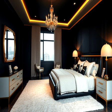 3d rendering luxury bedroom suite in classic style with black and gold decorの写真素材