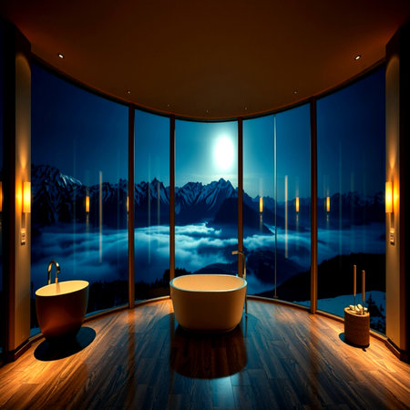 Bathroom interior with panoramic view on the mountains at nightの写真素材