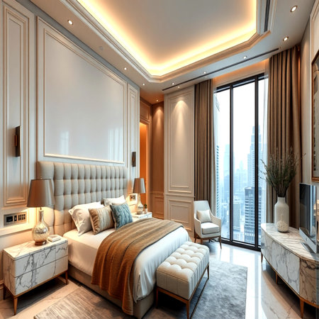 3d rendering luxury bedroom suite in classic style with wood panelingの写真素材