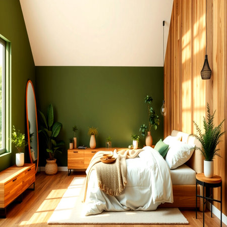 interior of modern bedroom with green walls and wooden floor, 3d renderの写真素材