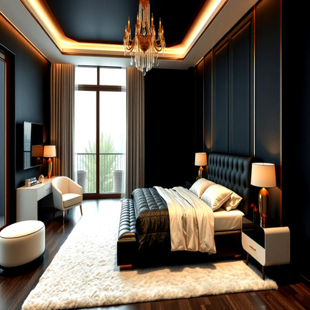 3d rendering luxury bedroom suite in classic style with black wall and wooden floorの写真素材