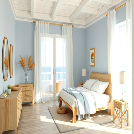 3d render of bedroom in modern style with wooden bed and lampの写真素材