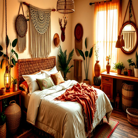 Interior of a bedroom with wooden furniture and plants. 3d renderの写真素材