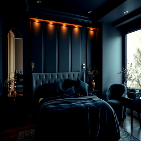 Luxury bedroom interior design with dark blue walls. 3d renderの写真素材