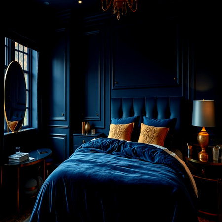 Luxury bedroom in classic style with blue walls, dark blue master bed with pillows and bedside table. 3d renderの写真素材