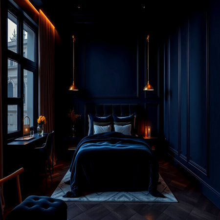 3d render of bedroom interior in classic style with dark blue wallsの写真素材