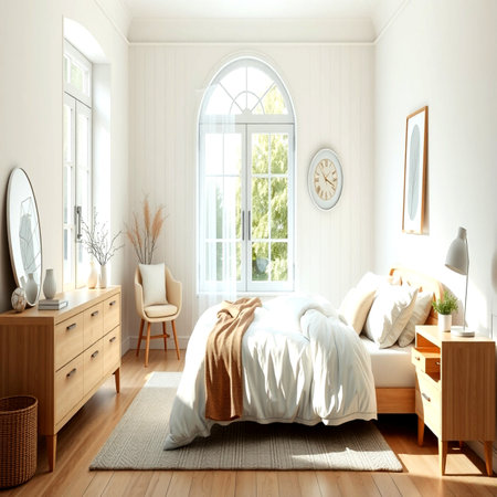3d render of bedroom interior design with white walls and wooden furnitureの写真素材