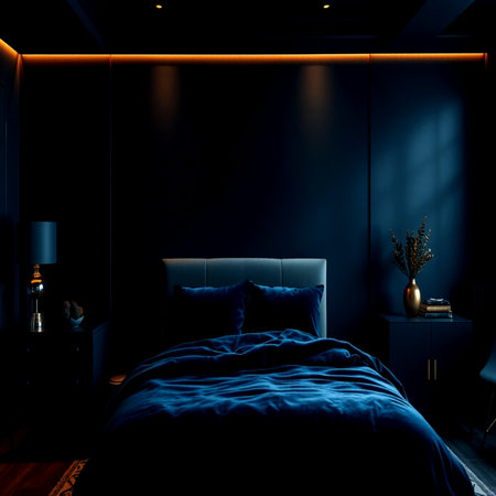 Dark blue bedroom interior with a dark blue bed and a lamp. 3d rendering mock upの写真素材