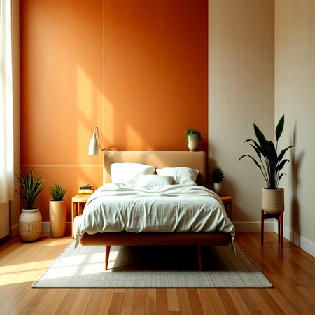 Interior of modern bedroom with orange walls and wooden floor, 3d renderの写真素材