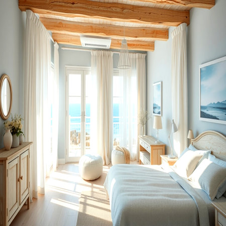 interior of a beautiful bedroom with a large window overlooking the seaの写真素材
