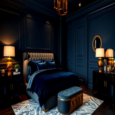 Classic blue bedroom interior. 3D render. Evening lighting. Vintage furniture.の写真素材