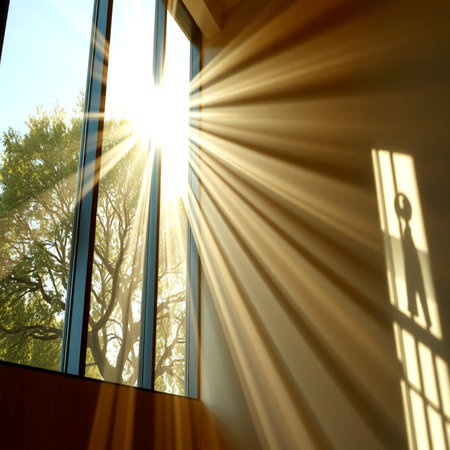 Sun rays through the window of a room with a view of the forestの写真素材