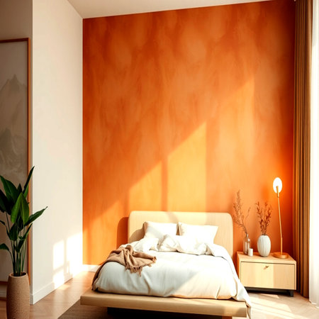 Interior of modern bedroom with orange wall. 3d render.の写真素材