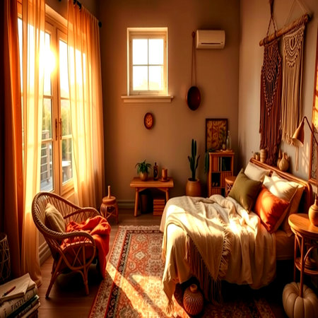 Interior of a cozy bedroom with a large window overlooking the countrysideの写真素材