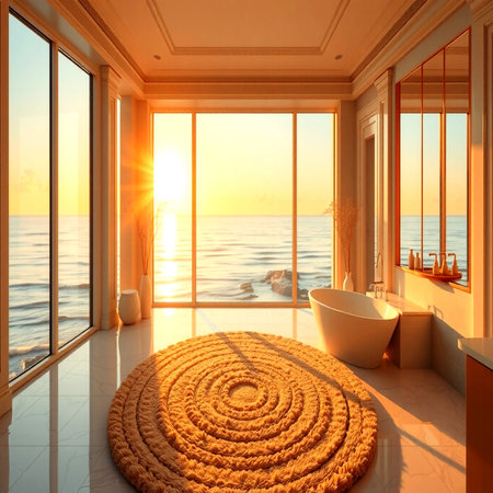 Modern bathroom interior with bathtub and window overlooking the sea. 3D renderingの写真素材