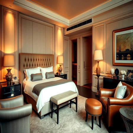 Luxury hotel bedroom interior design. 3D render concept.の写真素材