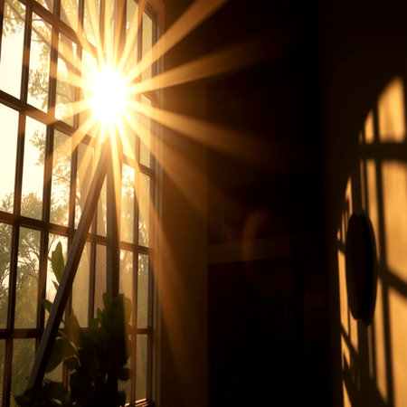 Sun rays through the window in the morning. Sunlight through the window.