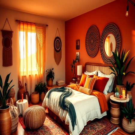 Interior of a modern bedroom with orange walls, wooden floor and orange walls.の写真素材