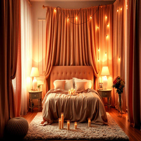 Interior of a hotel bedroom with double bed and garland lightsの写真素材