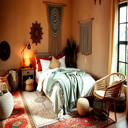 Interior of a beautiful bedroom with a large bed, wicker baskets and decorative elements