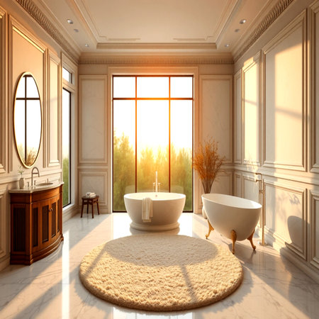 Bathroom interior with a large window. 3D rendering.