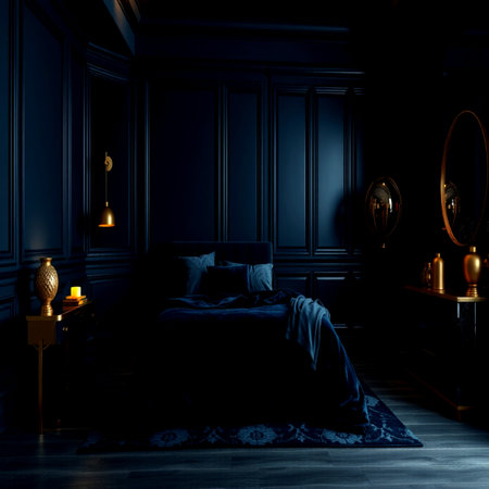 Classic blue bedroom interior with classic furniture. 3d render illustration.の写真素材