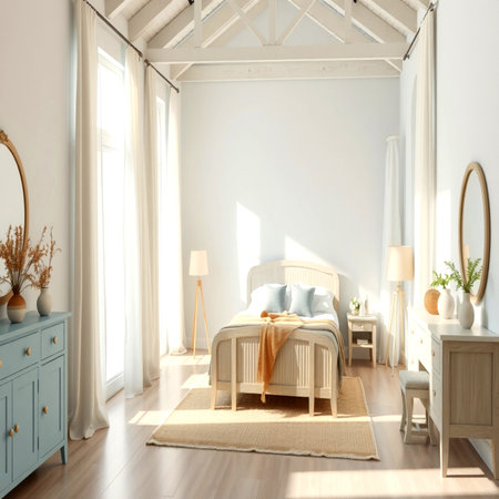 3D rendering of a bedroom in a loft style with wooden furnitureの写真素材