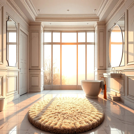 Bathroom interior with a large window. 3D rendering.の写真素材