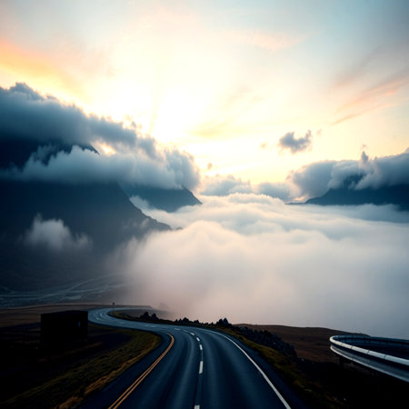 Road in the mountains at sunset with clouds and fog. Landscape.