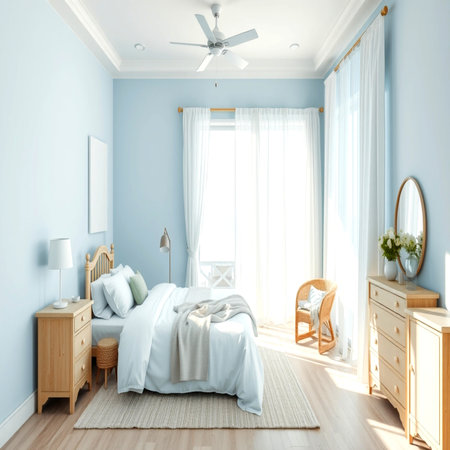 Interior of a bedroom with a blue wall and wooden furniture. 3d renderingの写真素材