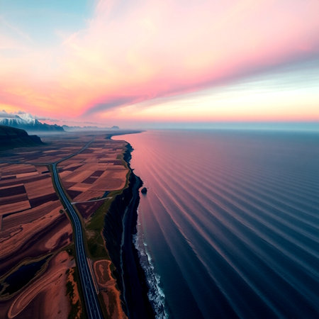 Aerial view of sea and coastline at sunset. Beautiful landscape.