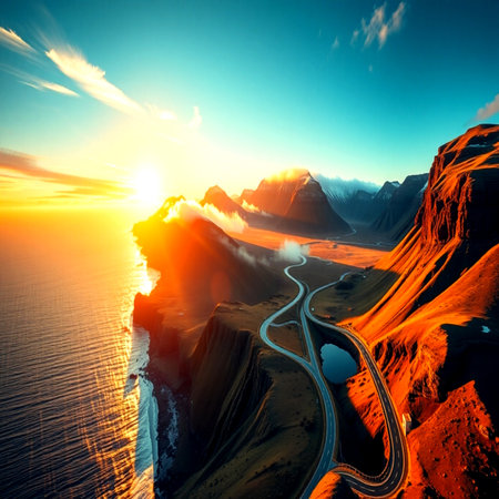 Mountain road and sea at sunset.の写真素材
