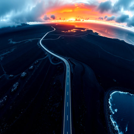 Aerial view of the road and the clouds at sunset. 3d rendering