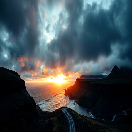 Beautiful sunset over the sea. Iceland, Europe. Beauty world.